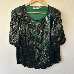 Scala Full Sequin Silk Blouse Womens Large VTG Black Green Floral Party Sparkle
